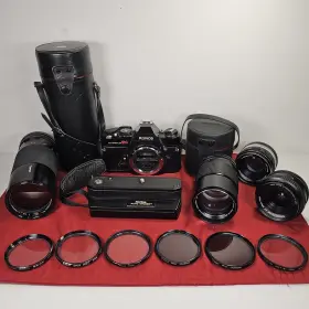 174752 KONICA Autoreflex Film Camera Lenses Filters Rewinder