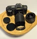 Canon T-70 35mm SLR Film Camera 80-200mm Rokinon Zoom Lens Caps